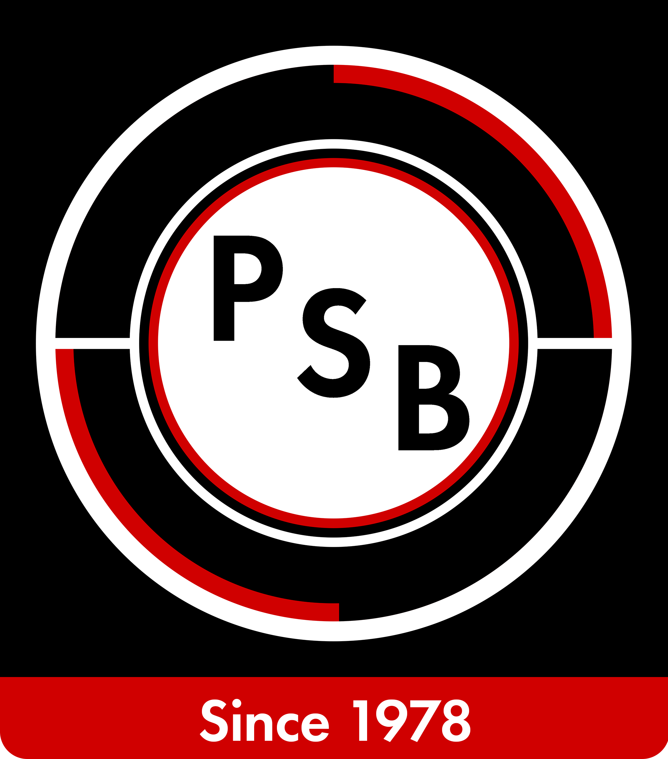 Logo with a black background featuring a white circle outlined in red and black. Inside are the letters "P S B." Below, a red rectangle contains the text "Since 1978" in white.